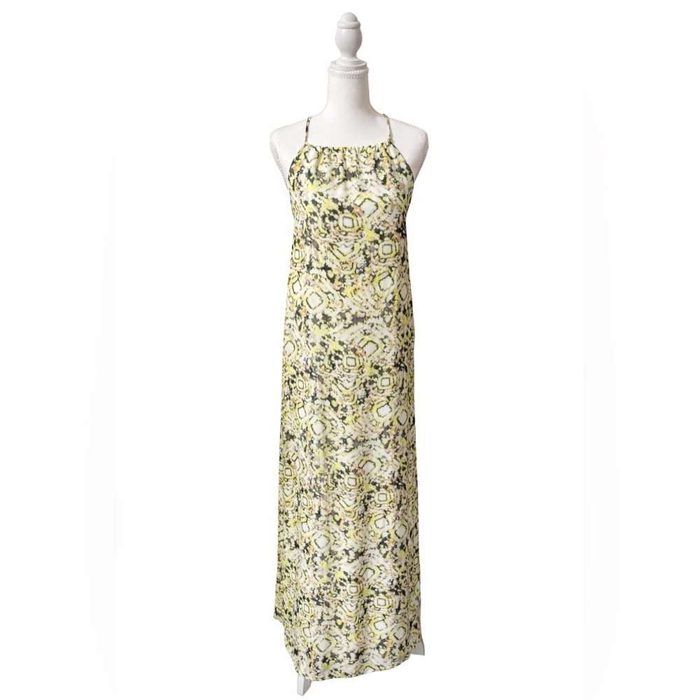 Romeo + Juliet Couture Halter Maxi Dress Size M Yellow Black Print Open Back Y2K